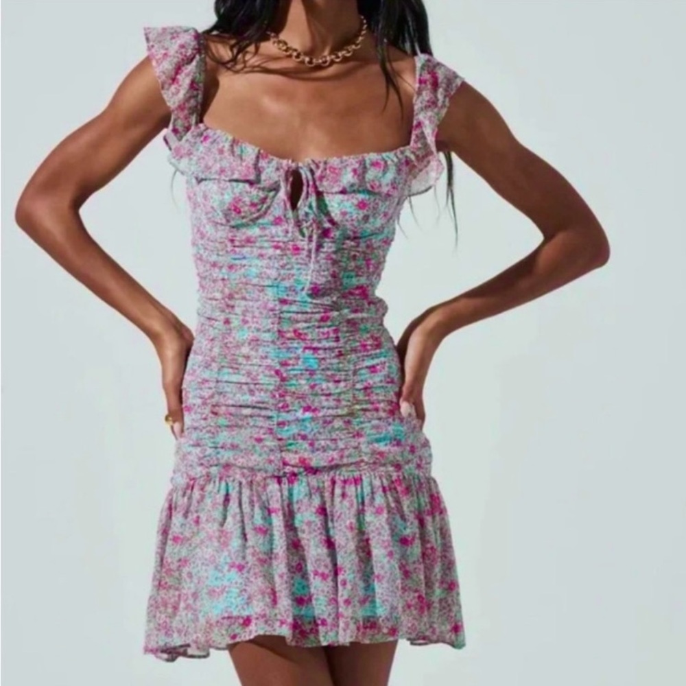 ASTR The Label Teal Pink Floral Ruched Sweetheart Mini Dress X-Large NWT‎